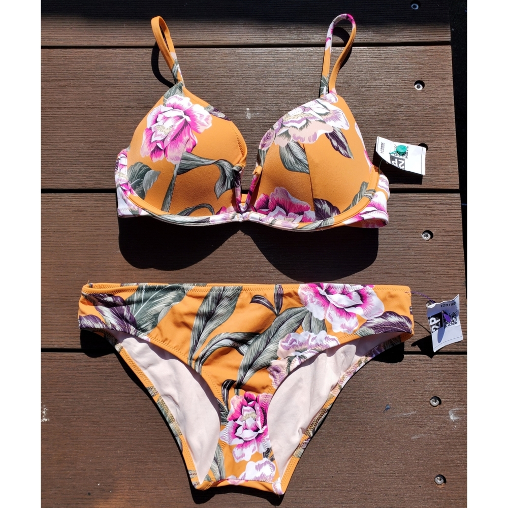 Shade & Shore Mustard Floral Bikini with Pink Blooms 34C/S